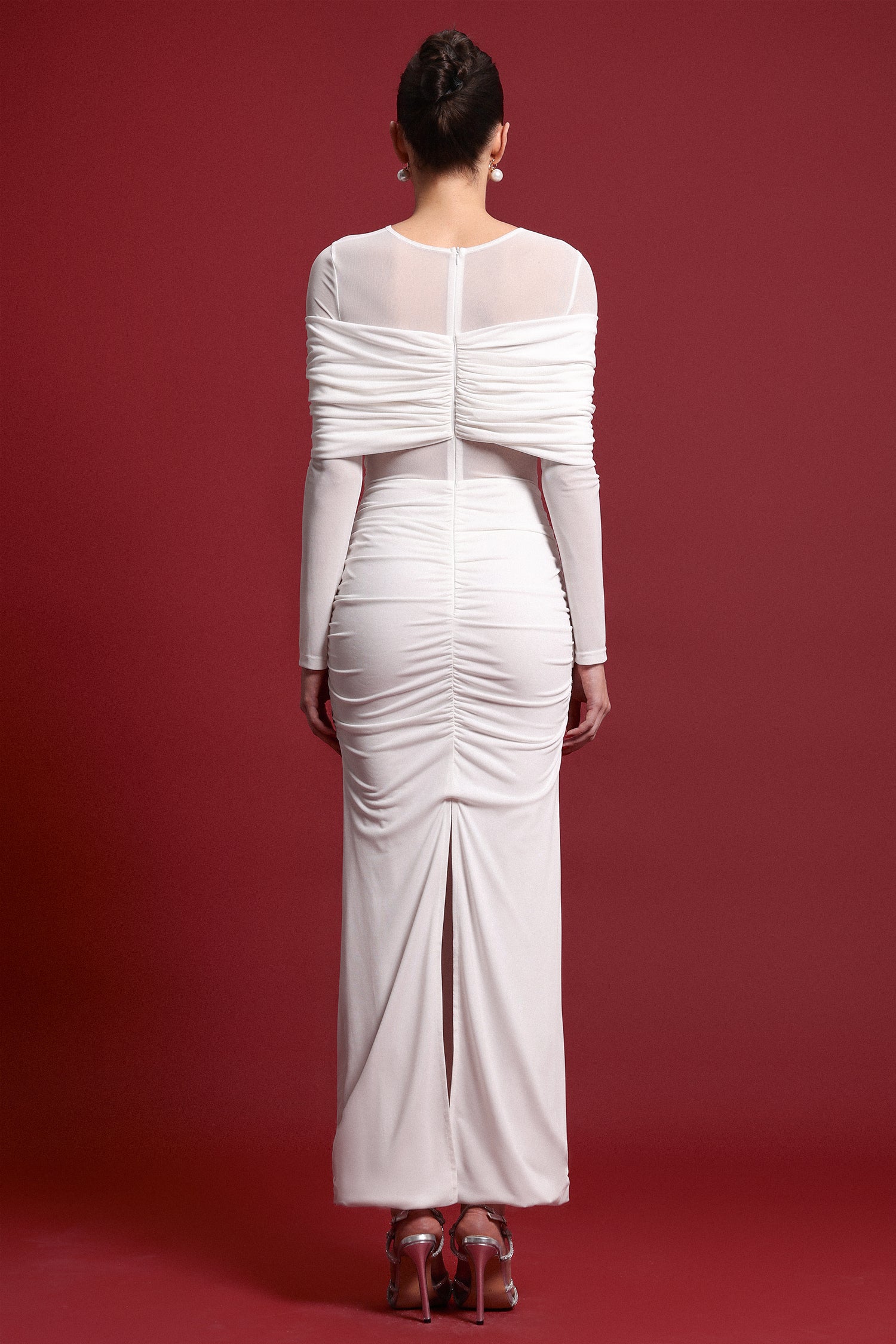 Ingrid Elegant Contour Ruched Mesh Layered Knit Maxi Dress	