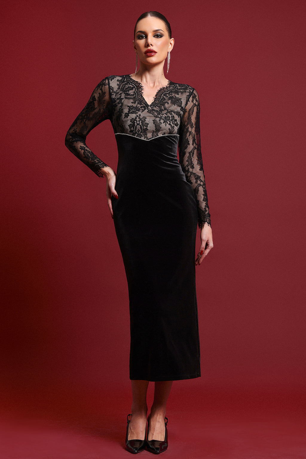 Lotta Sexy Contour V Neck Long Sleeve Lace Velvet Maxi Dress	