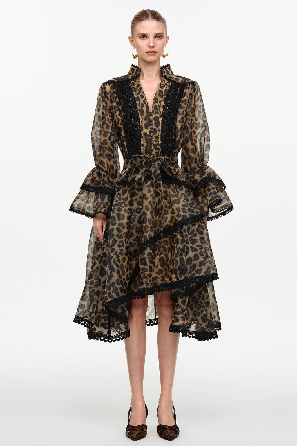 Uhren Resort Flowy V-Neck Long Sleeve Falbala Lace Woven Leopard Print Mini Dress	