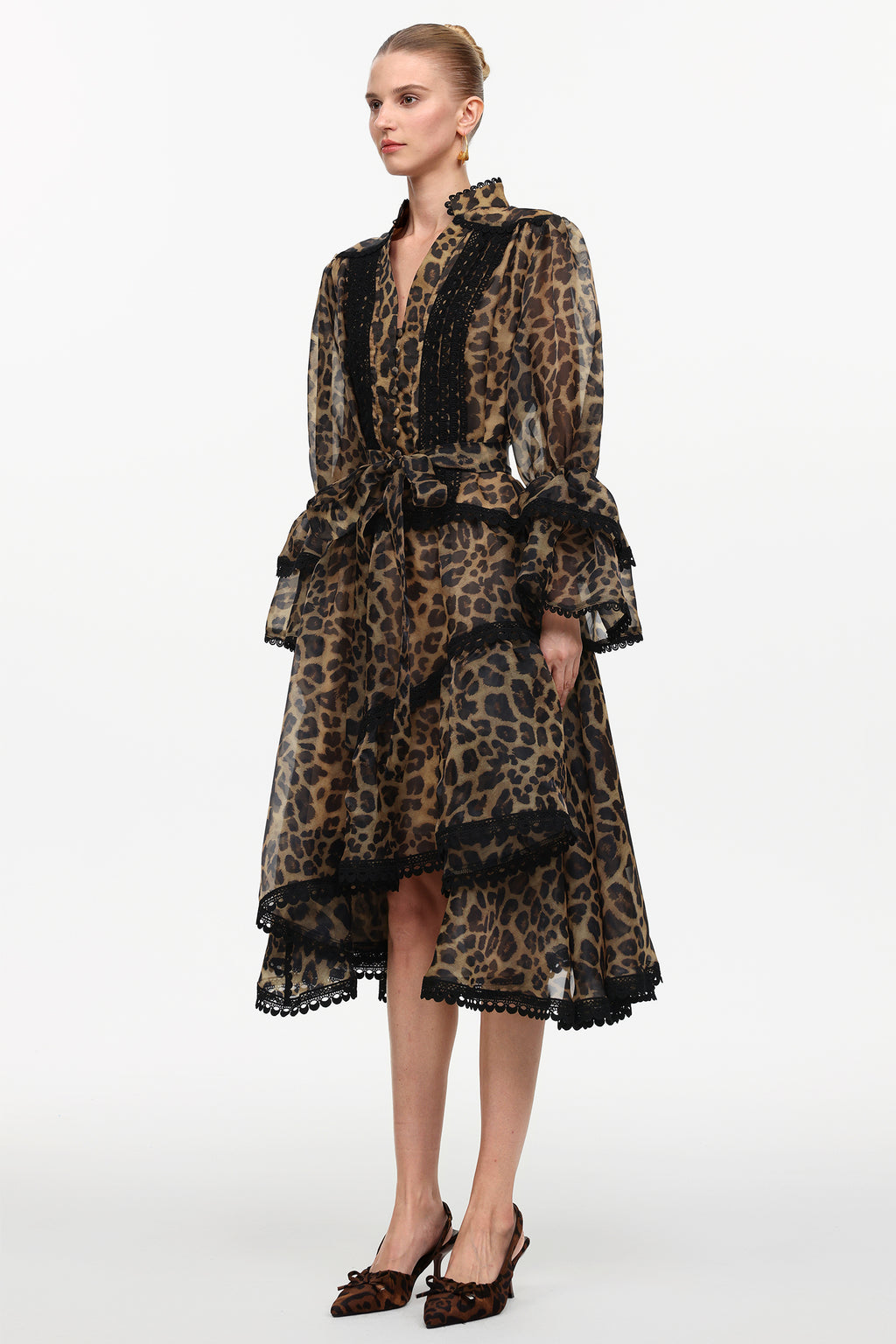 Uhren Resort Flowy V-Neck Long Sleeve Falbala Lace Woven Leopard Print Mini Dress	