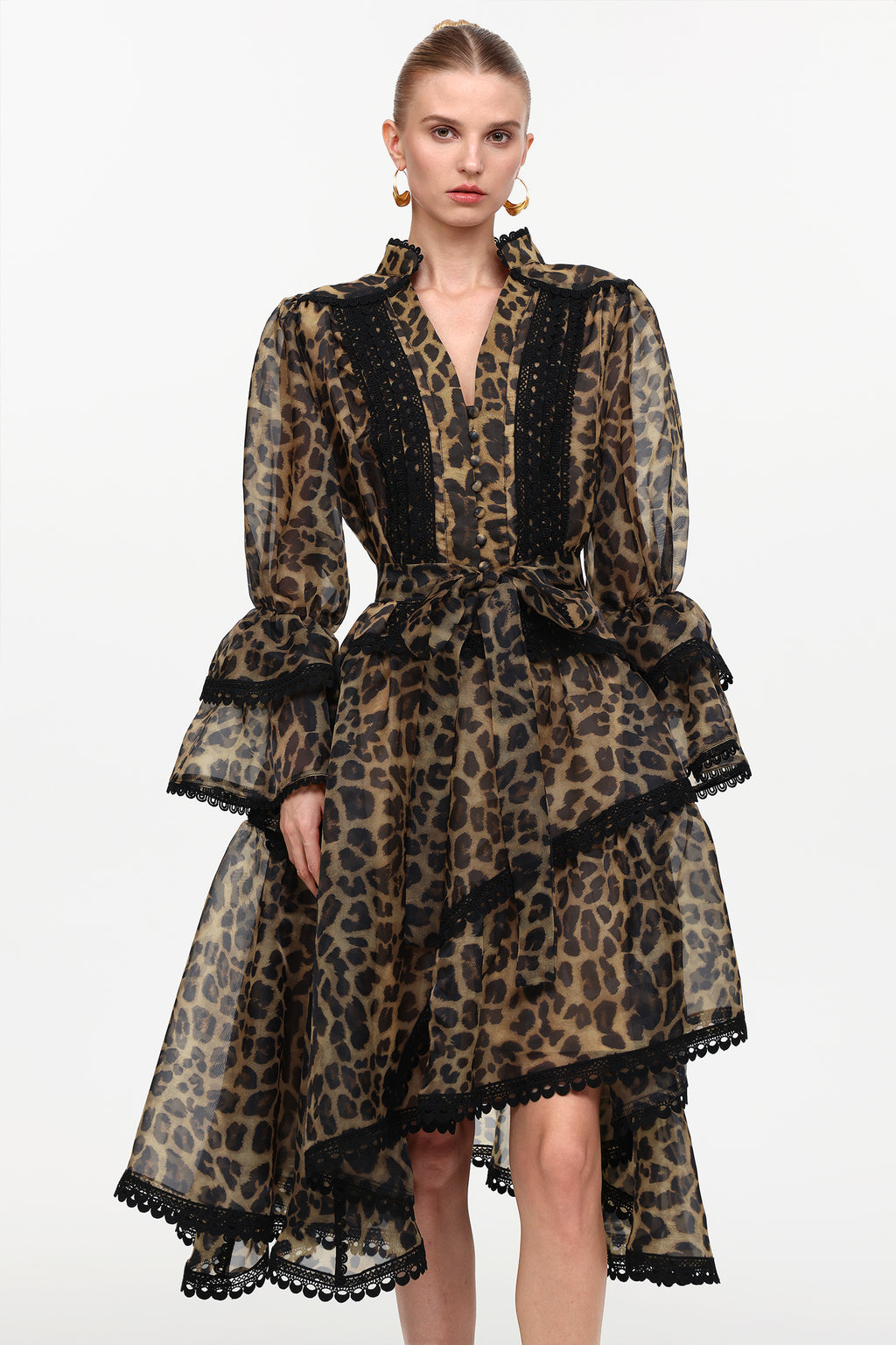 Uhren Resort Flowy V-Neck Long Sleeve Falbala Lace Woven Leopard Print Mini Dress	