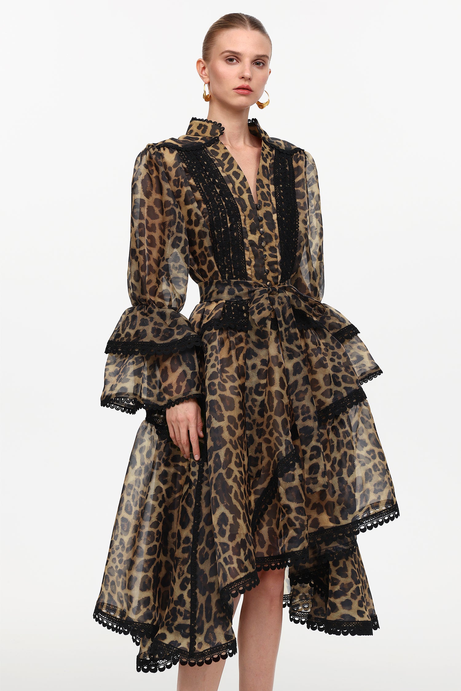 Uhren Resort Flowy V-Neck Long Sleeve Falbala Lace Woven Leopard Print Mini Dress	
