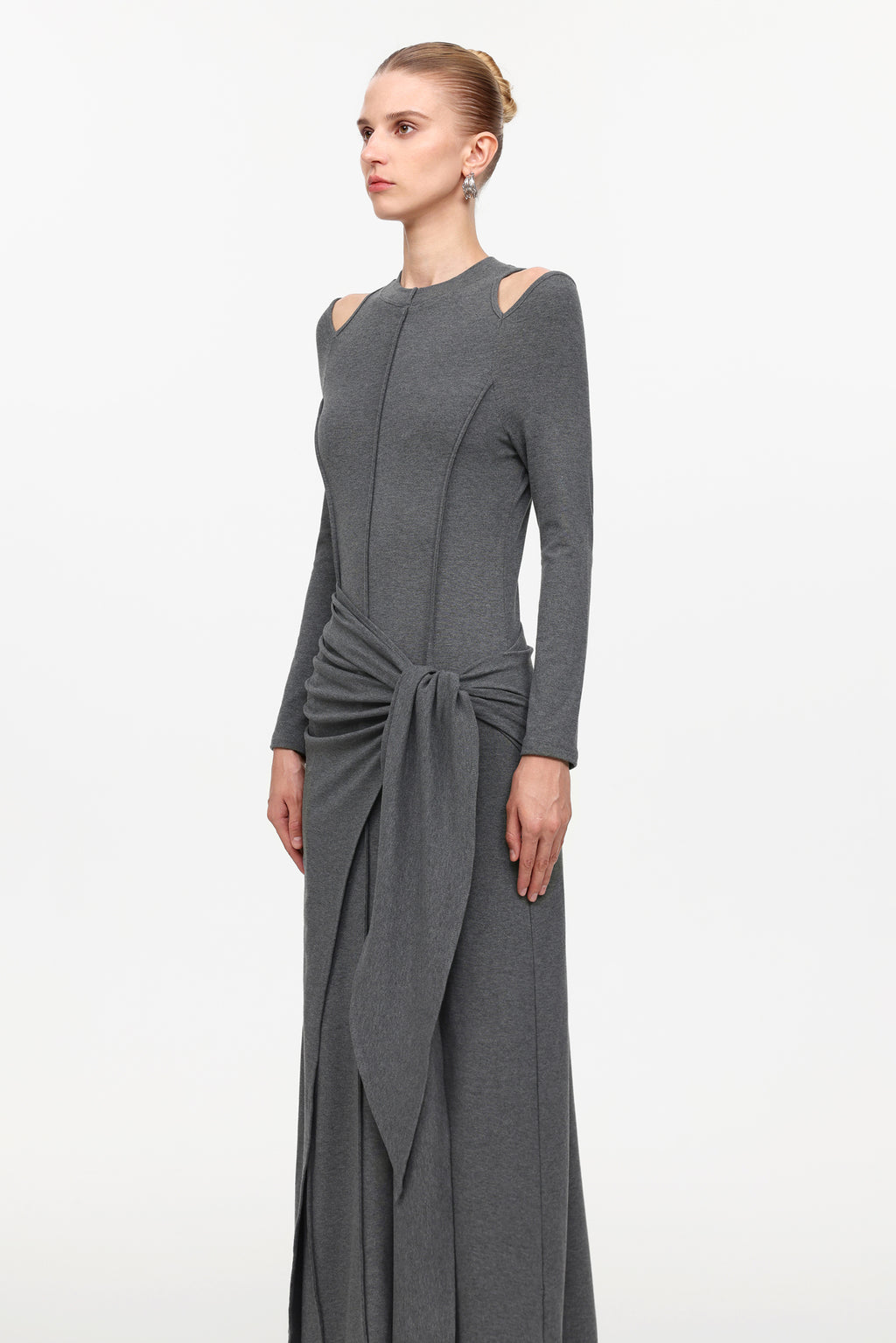 Silas Chic Contour Cut Out Long Sleeve Knot Knit Maxi Dress	