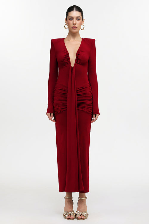 Dixie Sexy Contour Long Sleeve Deep V Ruched Knit Maxi Dress