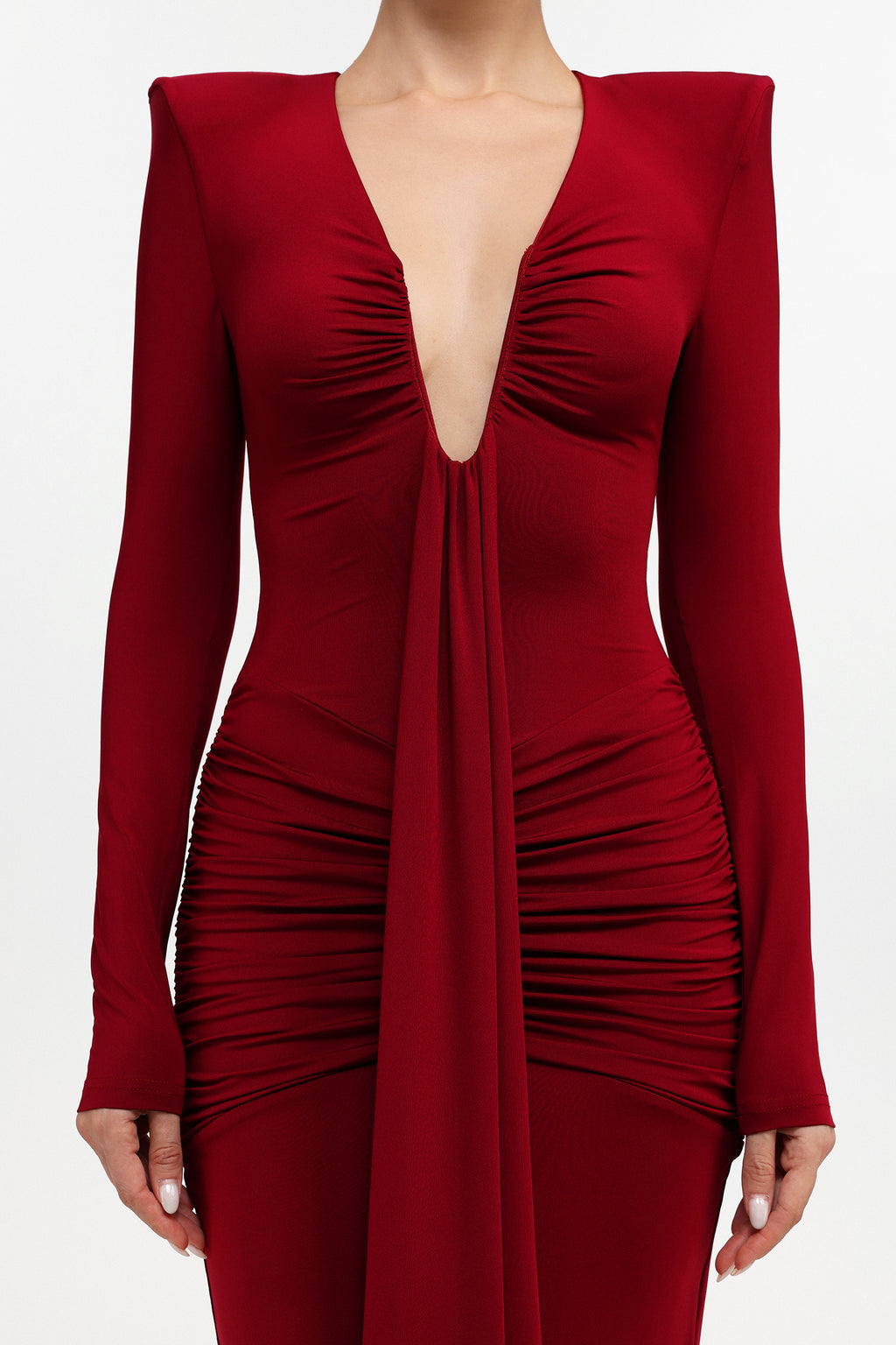 Dixie Sexy Contour Long Sleeve Deep V Ruched Knit Maxi Dress