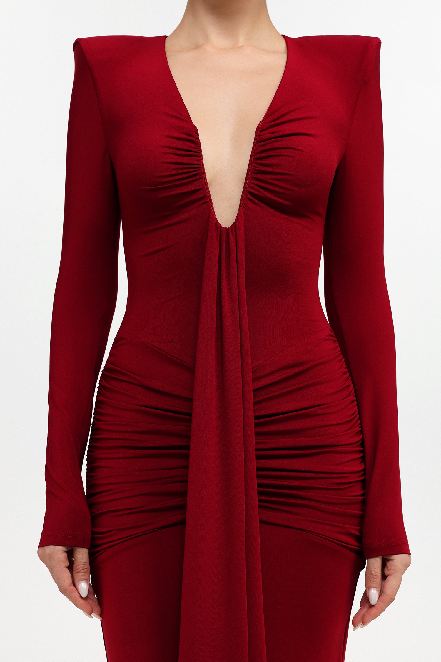 Dixie Sexy Contour Long Sleeve Deep V Ruched Knit Maxi Dress