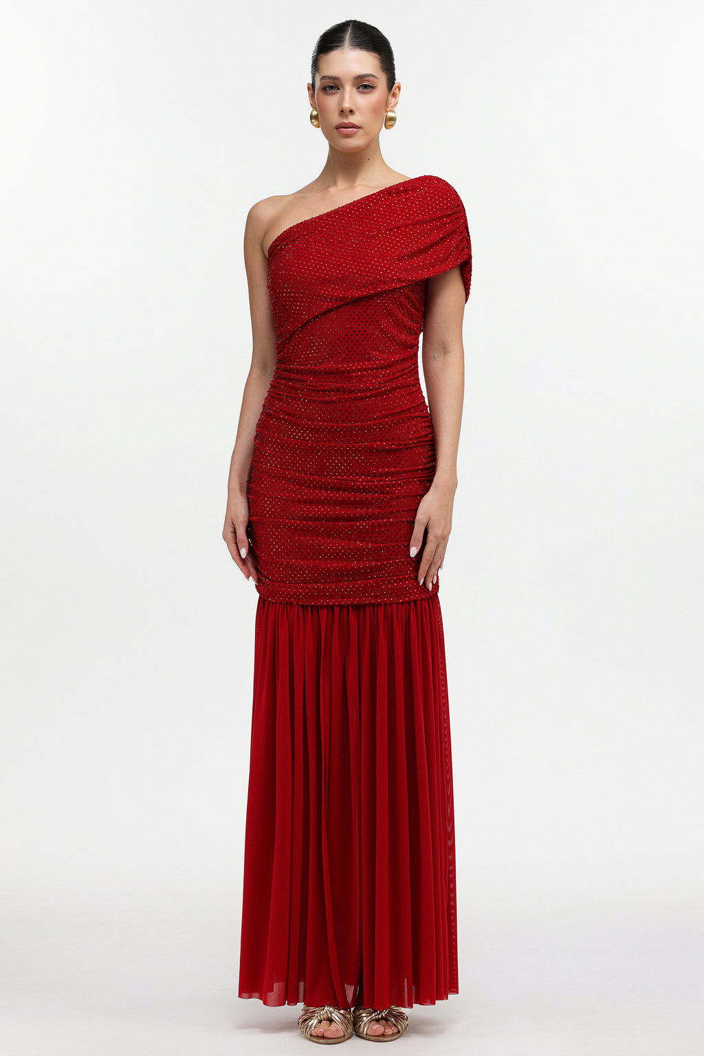 Naida Elegant Contour One Shoulder Ruched Crystal Maxi Dress	