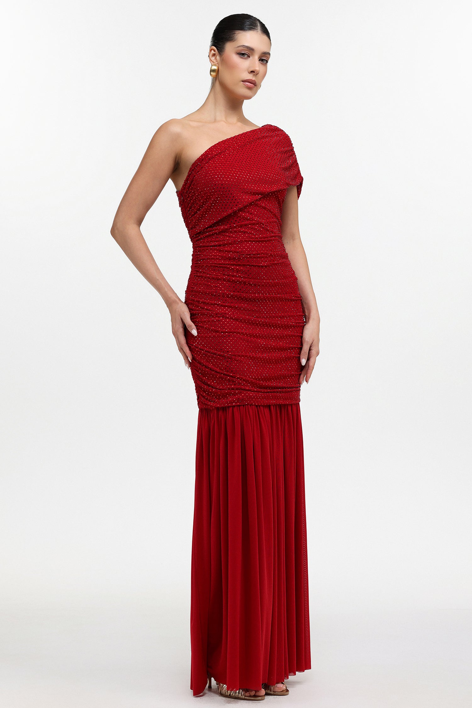 Naida Elegant Contour One Shoulder Ruched Crystal Maxi Dress	