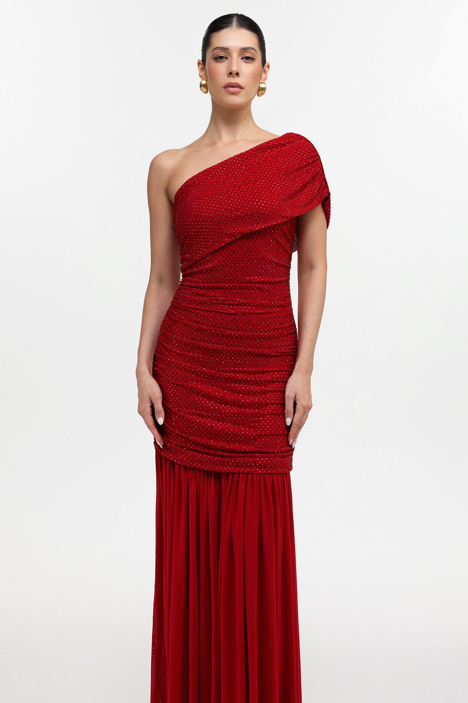 Naida Elegant Contour One Shoulder Ruched Crystal Maxi Dress	