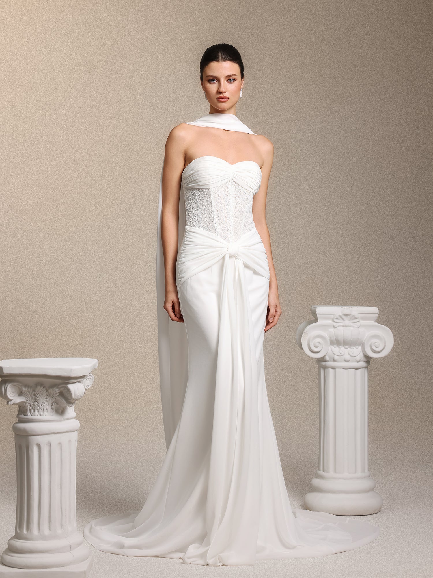 Lenra Elegant Strapless Bow White Lace Chiffon Maxi Dress	