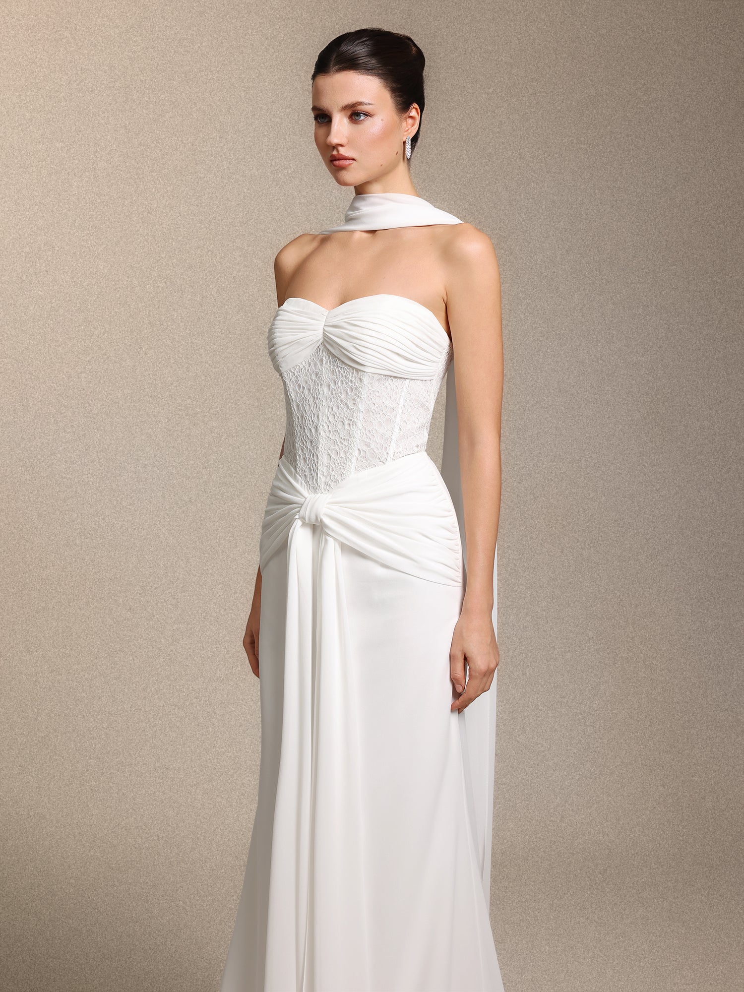 Lenra Elegant Strapless Bow White Lace Chiffon Maxi Dress	