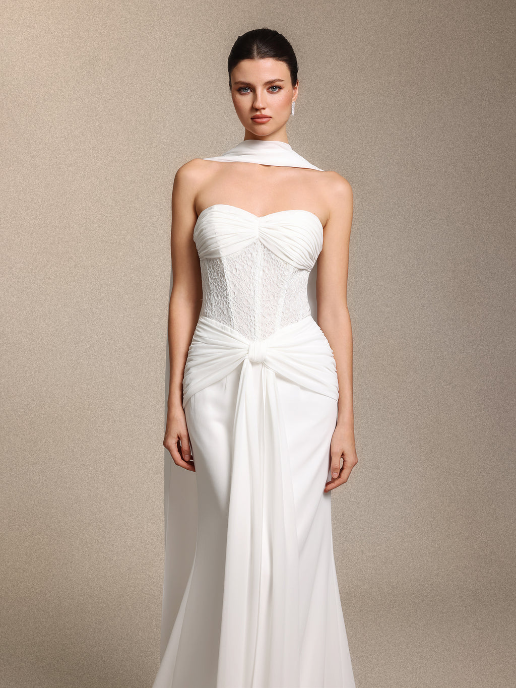 Lenra Elegant Strapless Bow White Lace Chiffon Maxi Dress	