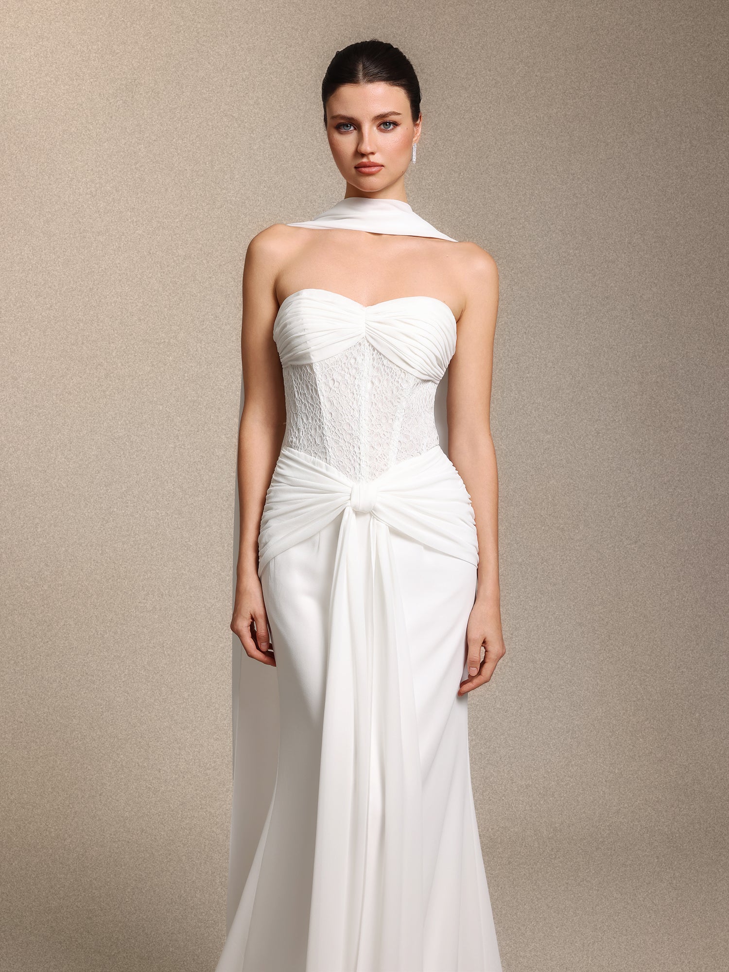 Lenra Elegant Strapless Bow White Lace Chiffon Maxi Dress	