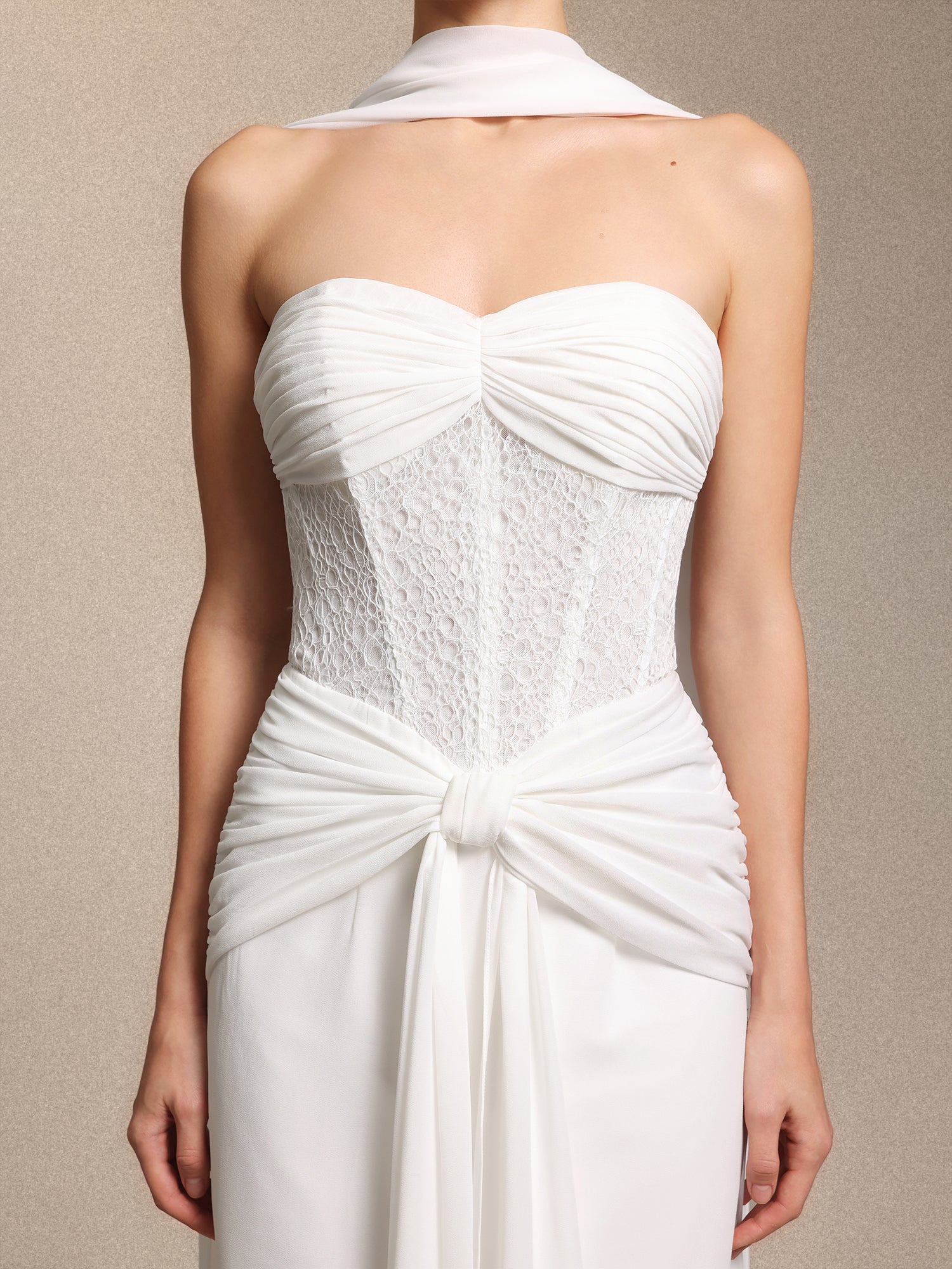 Lenra Elegant Strapless Bow White Lace Chiffon Maxi Dress	