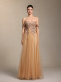 Krystal Chic Cinched Waist Off Shoulder Sequin Floral Applique Tulle Maxi Dress	