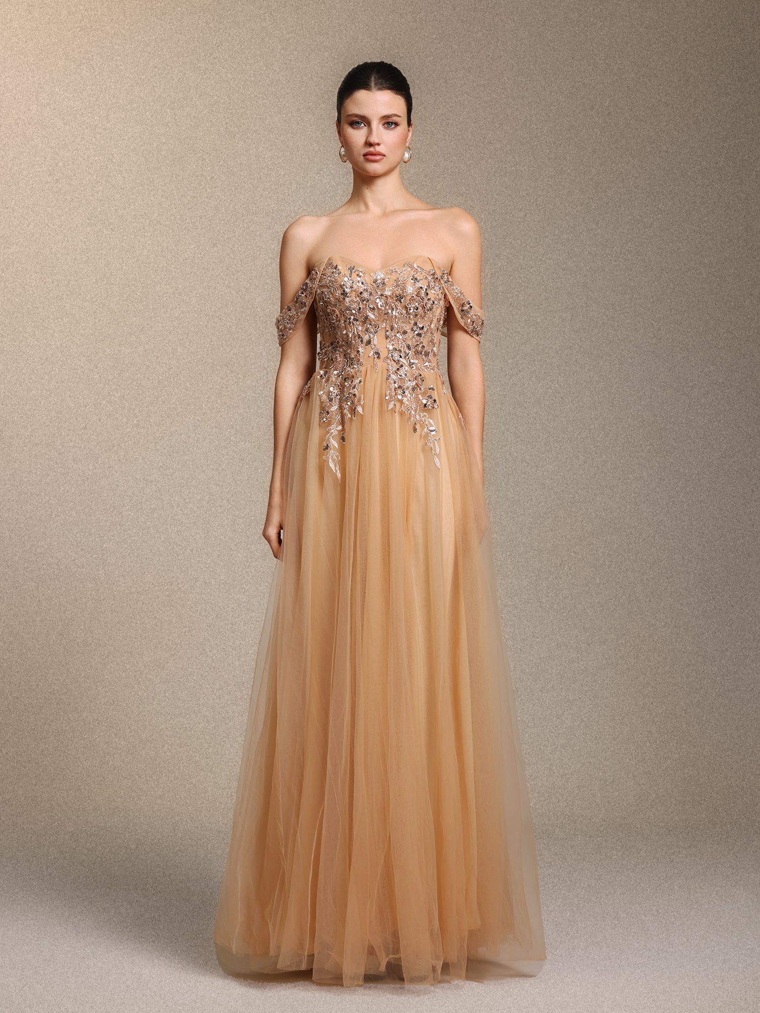 Krystal Chic Cinched Waist Off Shoulder Sequin Floral Applique Tulle Maxi Dress	