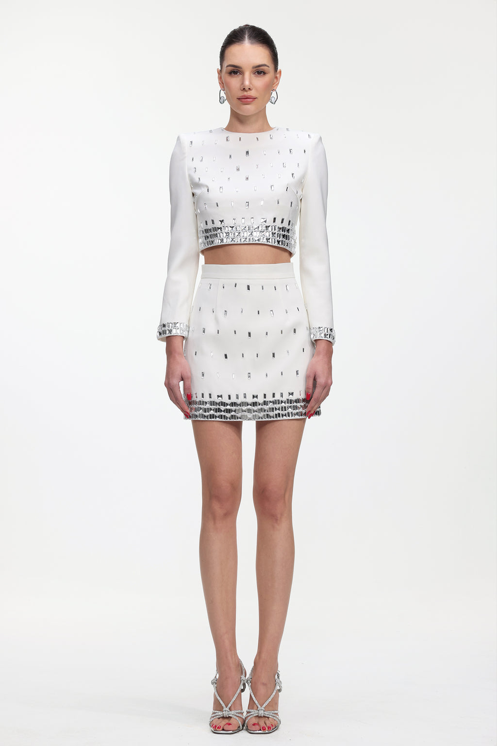 Derlyn Glamorous Tailored Long Sleeve Rhinestone Top and Skirt Set	
