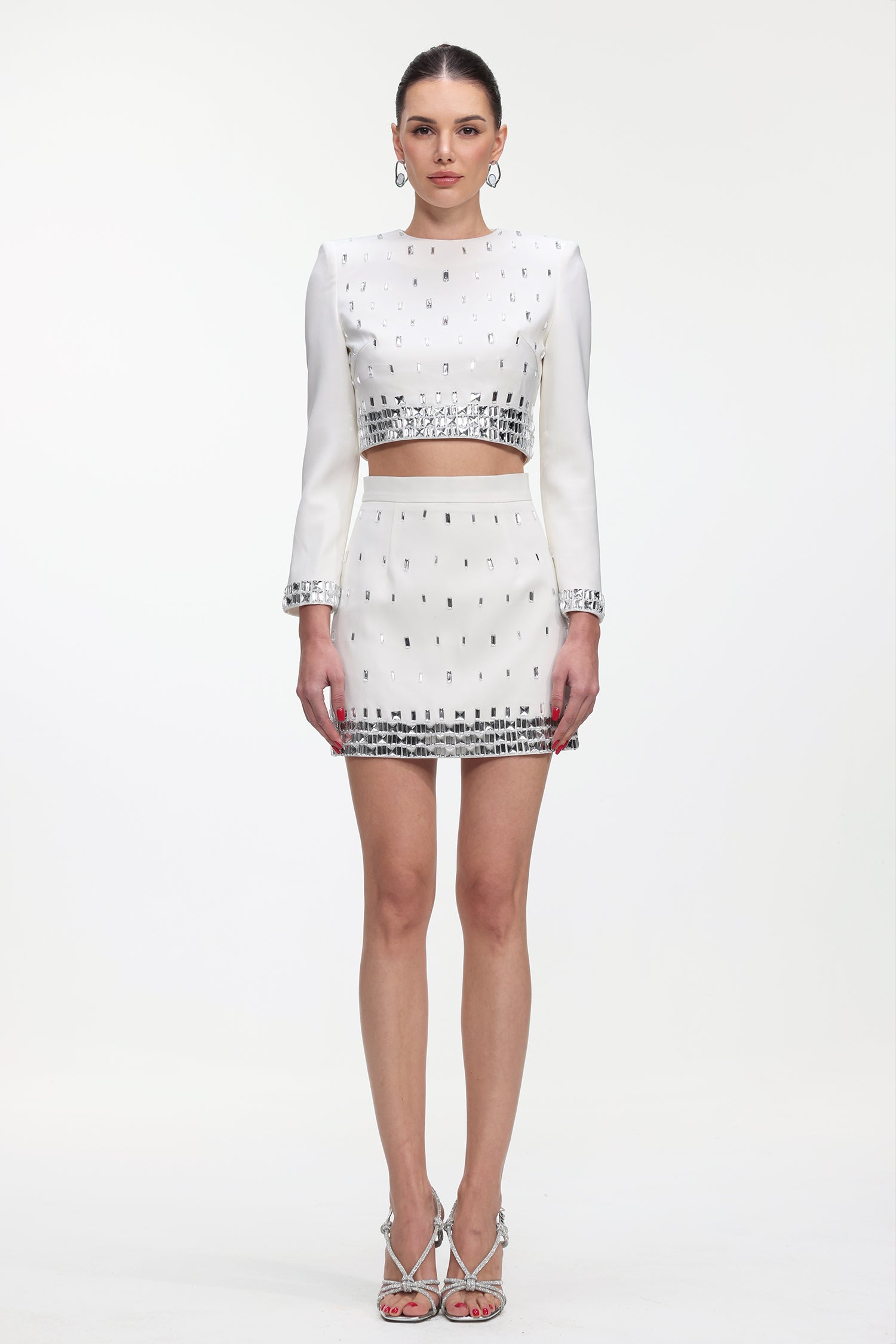 Derlyn Glamorous Tailored Long Sleeve Rhinestone Top and Skirt Set	