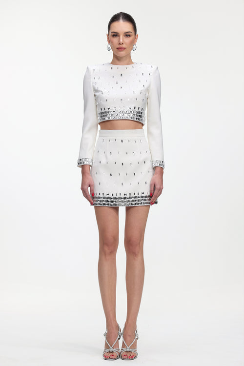 Derlyn Glamorous Tailored Long Sleeve Rhinestone Top and Skirt Set	