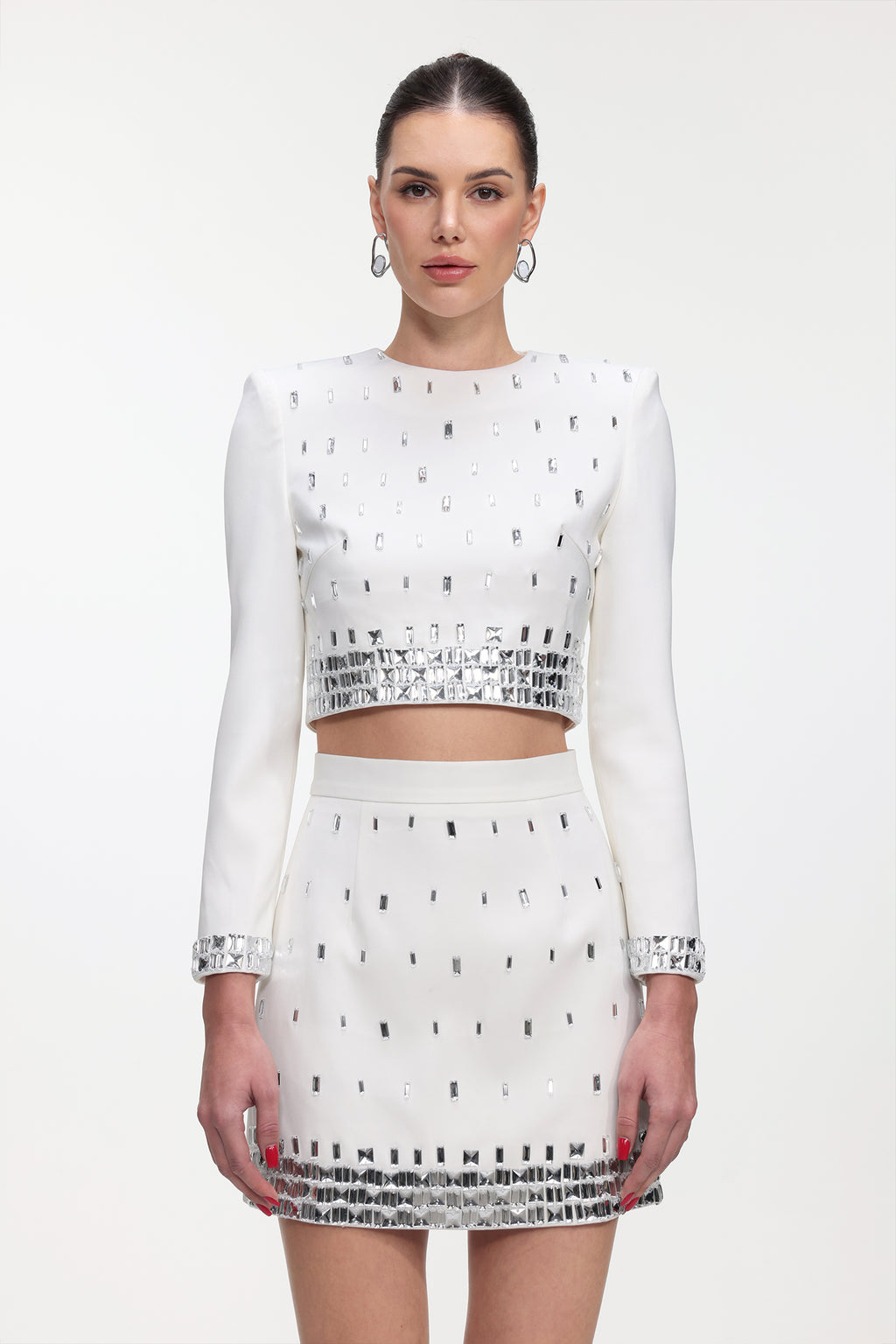 Derlyn Glamorous Tailored Long Sleeve Rhinestone Top and Skirt Set	