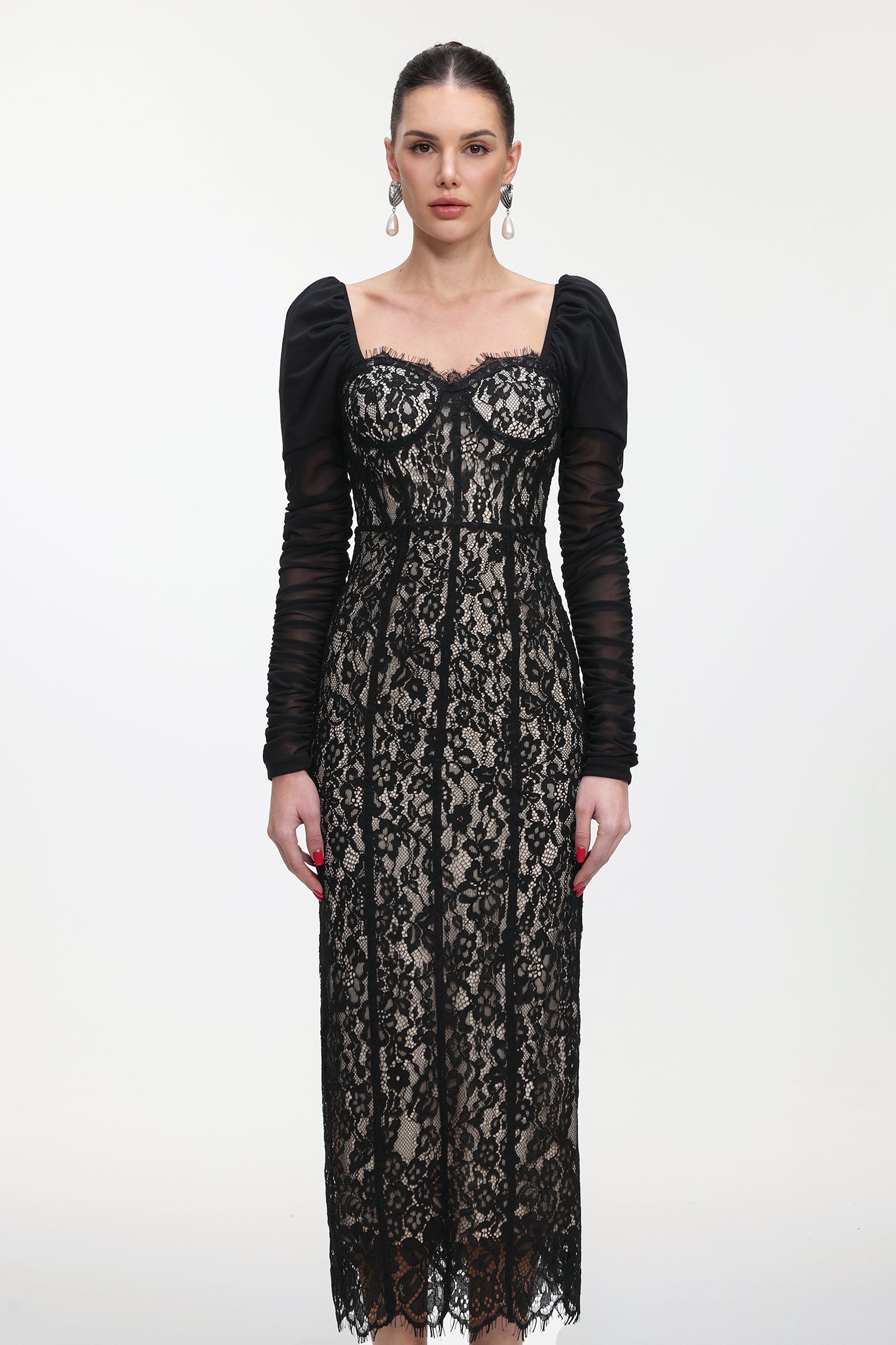 Fenby Contour Long Sleeve Ruched Lace Maxi Dress	