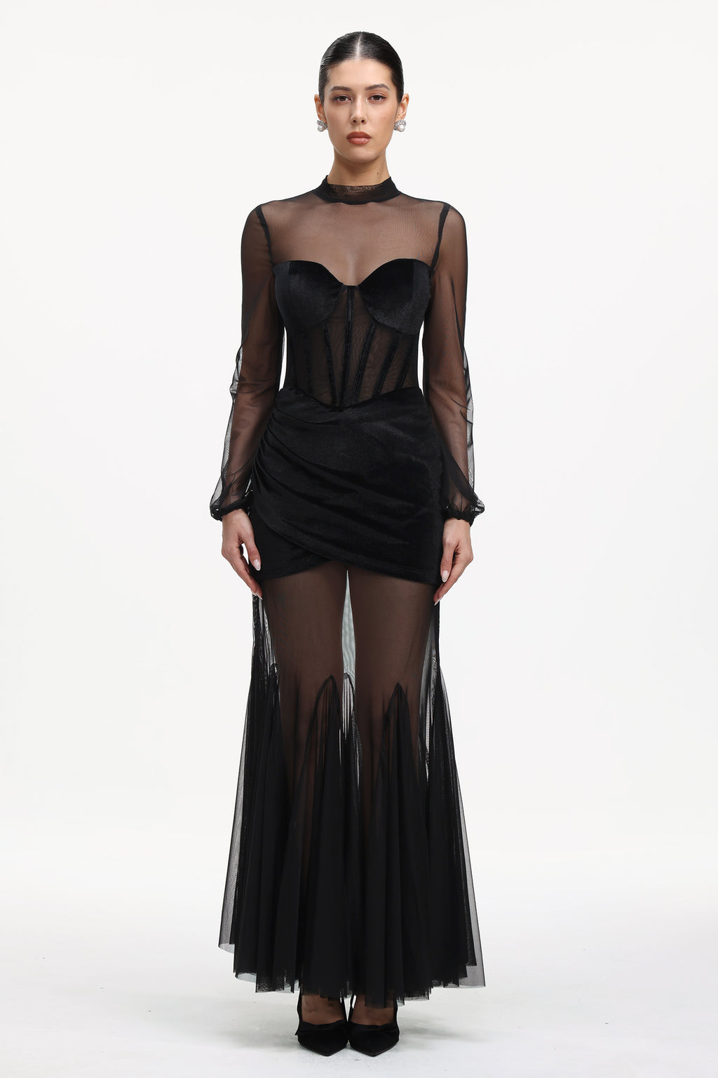 Molia Sexy Contour Long Sleeve Velvet Mesh Maxi Dress	