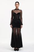 Molia Sexy Contour Long Sleeve Velvet Mesh Maxi Dress	