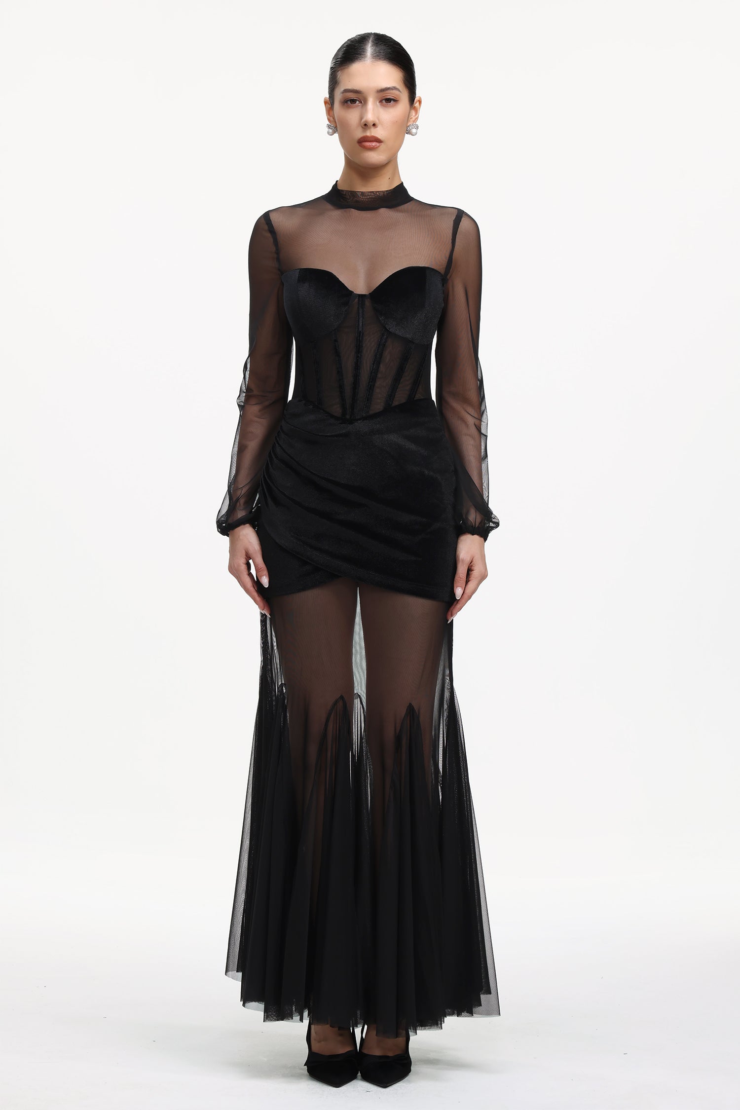Molia Sexy Contour Long Sleeve Velvet Mesh Maxi Dress	