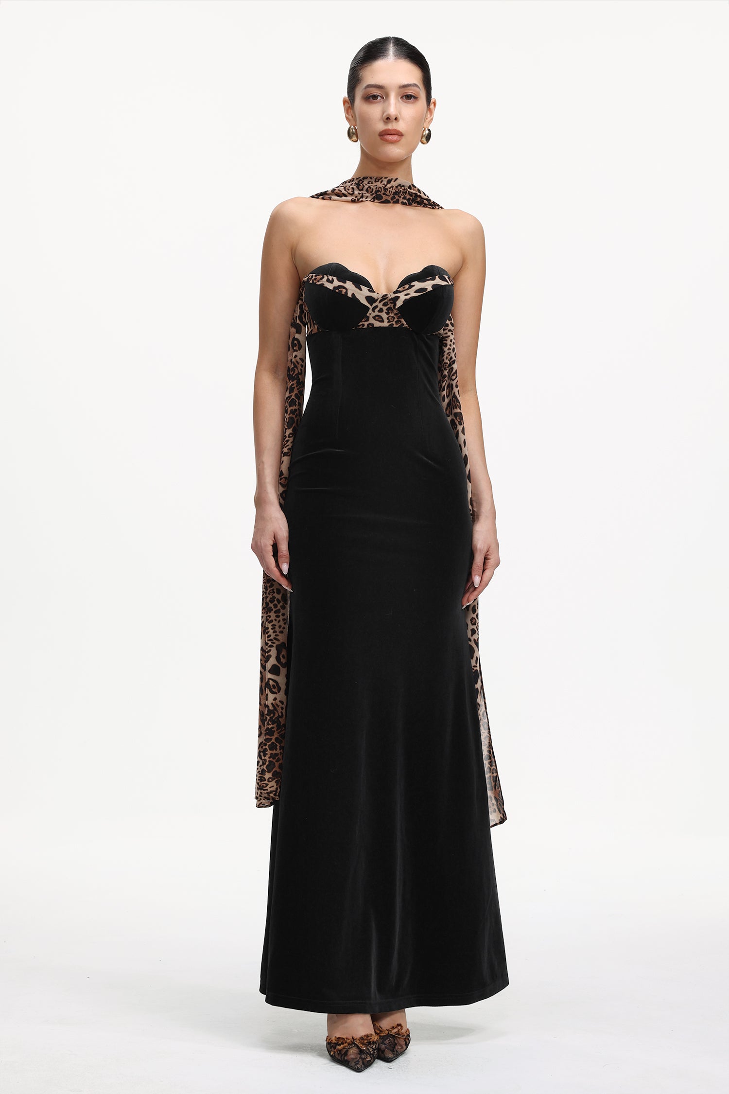 Kijin Chic Contour Strapless Leopard Print Velvet Maxi Dress	