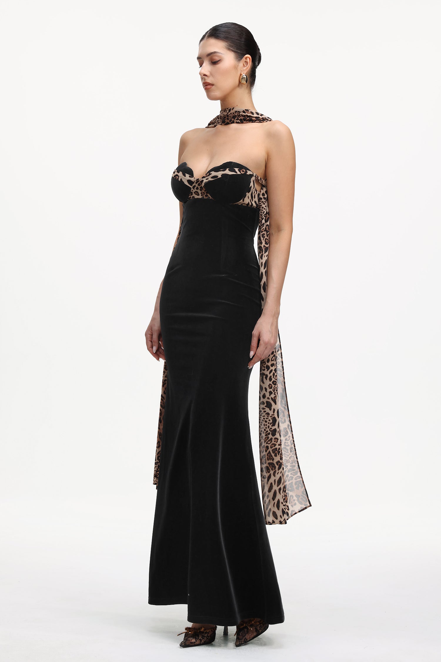 Kijin Chic Contour Strapless Leopard Print Velvet Maxi Dress	
