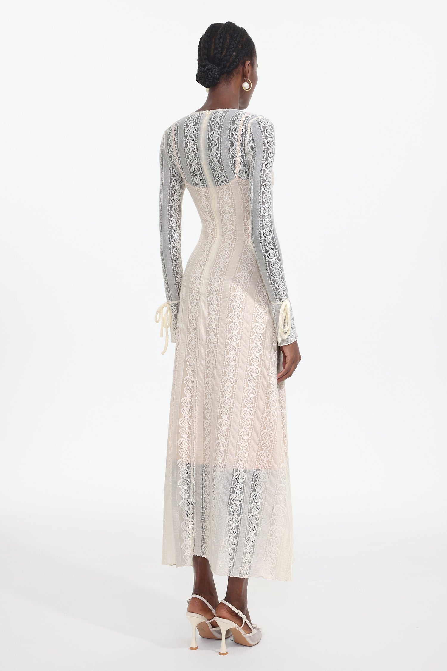 Katya Romantic Contour Long Sleeve Bow Lace White Maxi Dress	