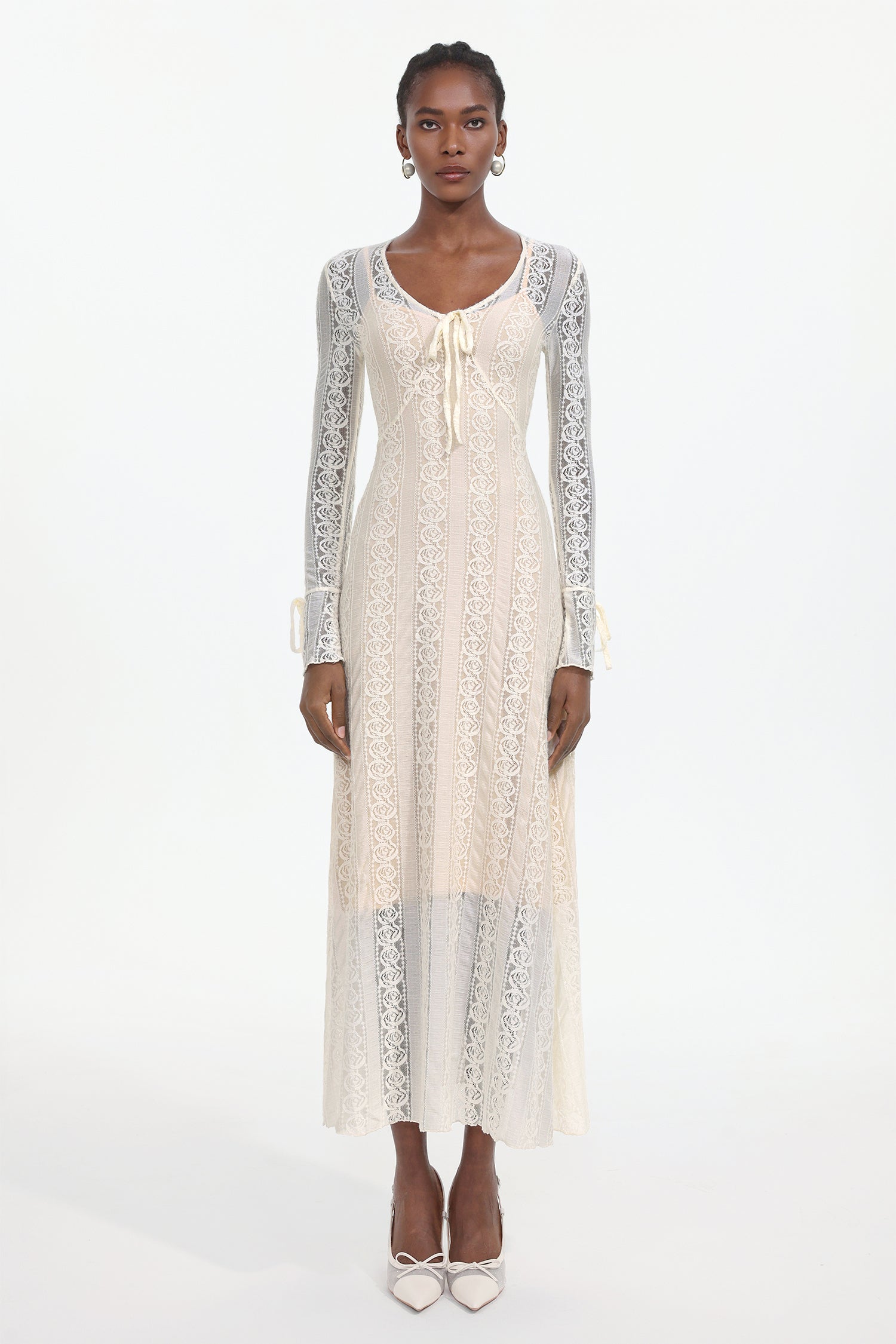 Katya Romantic Contour Long Sleeve Bow Lace White Maxi Dress	