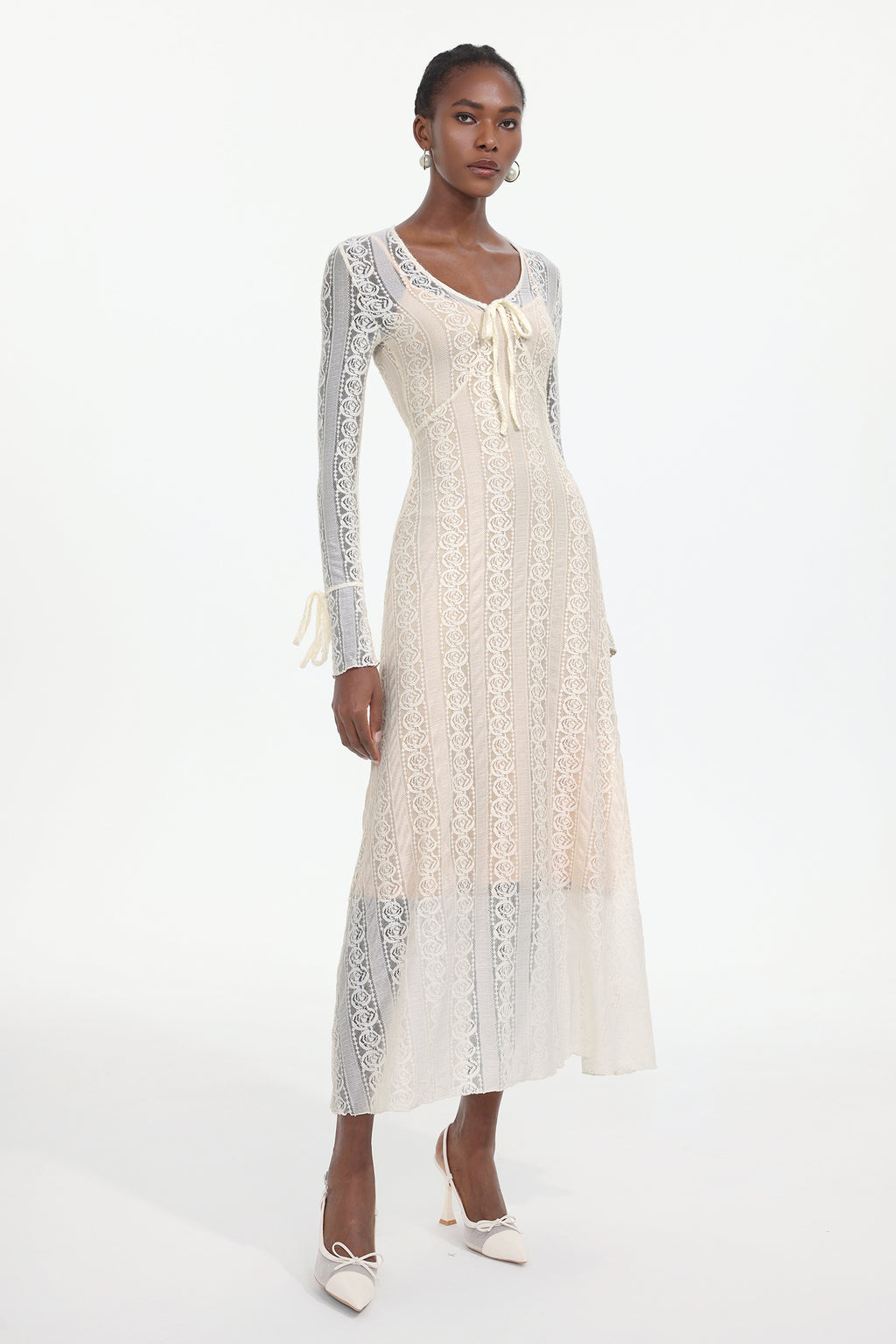 Katya Romantic Contour Long Sleeve Bow Lace White Maxi Dress	