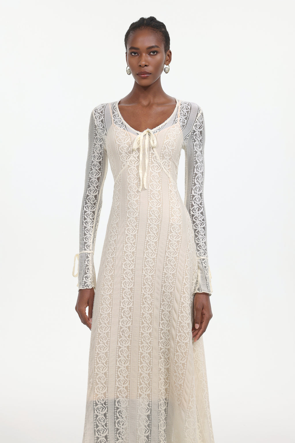 Katya Romantic Contour Long Sleeve Bow Lace White Maxi Dress	