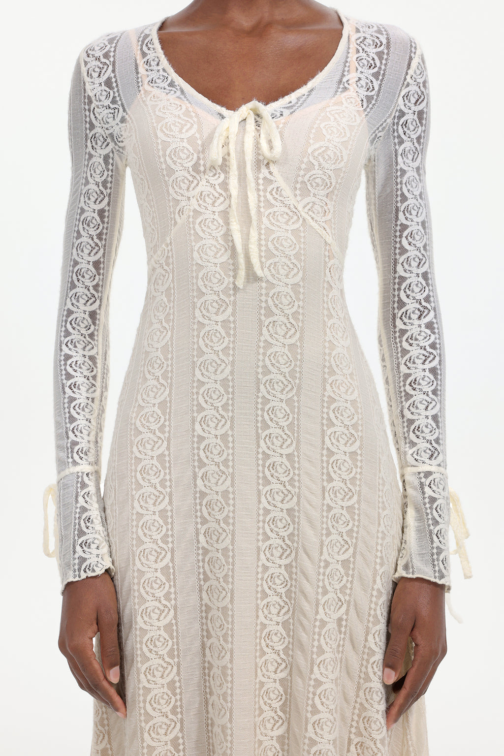 Katya Romantic Contour Long Sleeve Bow Lace White Maxi Dress	
