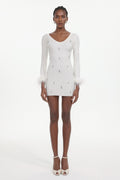 Moua Elegant Contour Long Sleeve Rhinestone Feather Knit White Mini Dress	