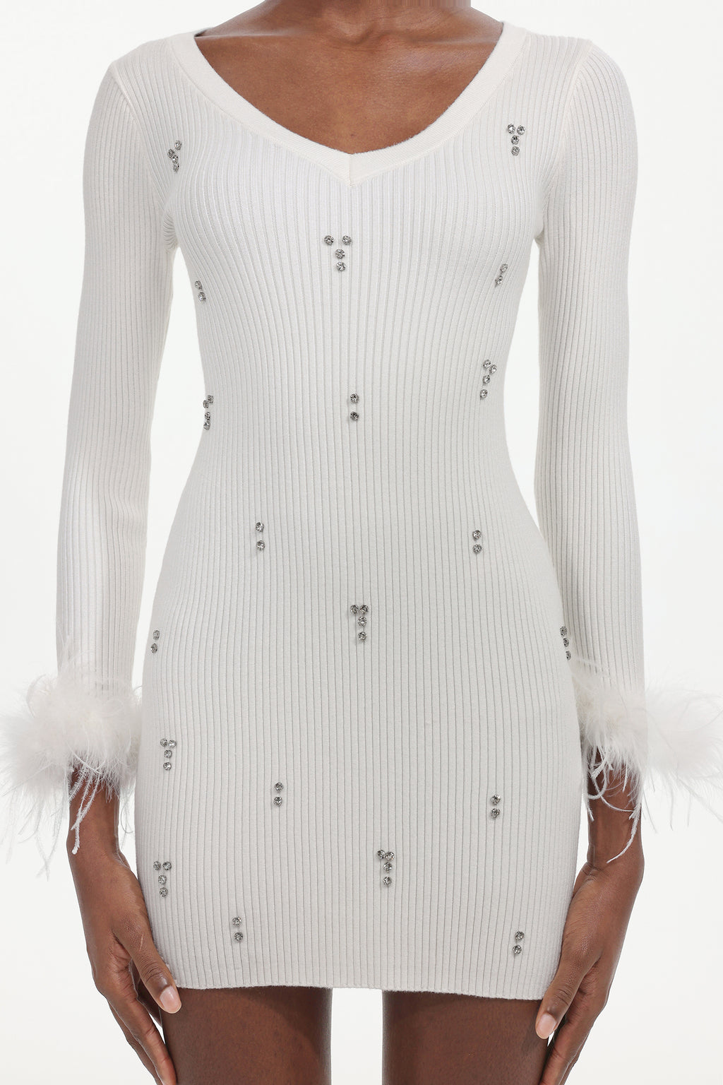 Moua Elegant Contour Long Sleeve Rhinestone Feather Knit White Mini Dress	