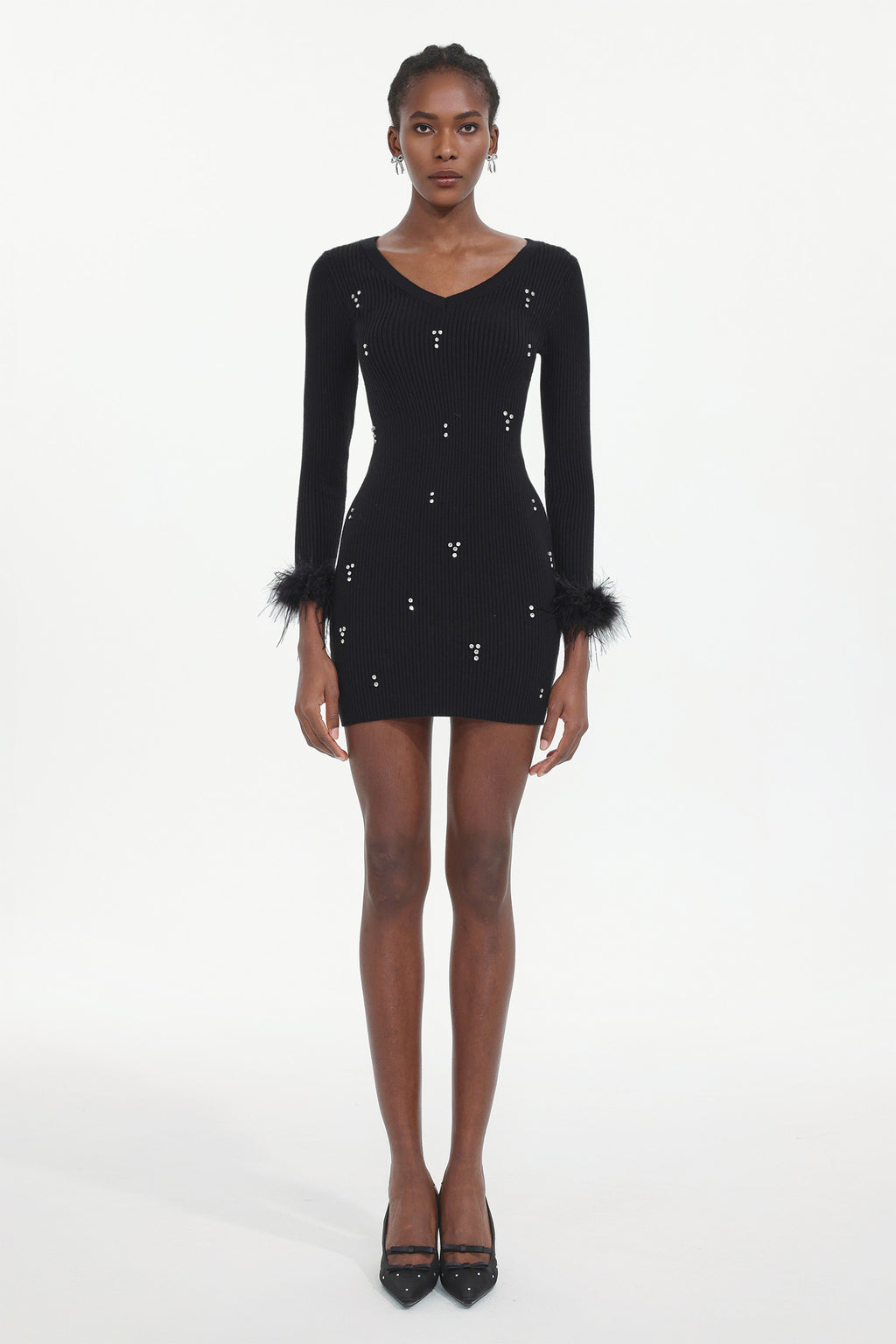 Moua Elegant Contour  Long Sleeve Rhinestone Feather Knit Black Mini Dress	