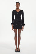 Moua Elegant Contour  Long Sleeve Rhinestone Feather Knit Black Mini Dress	