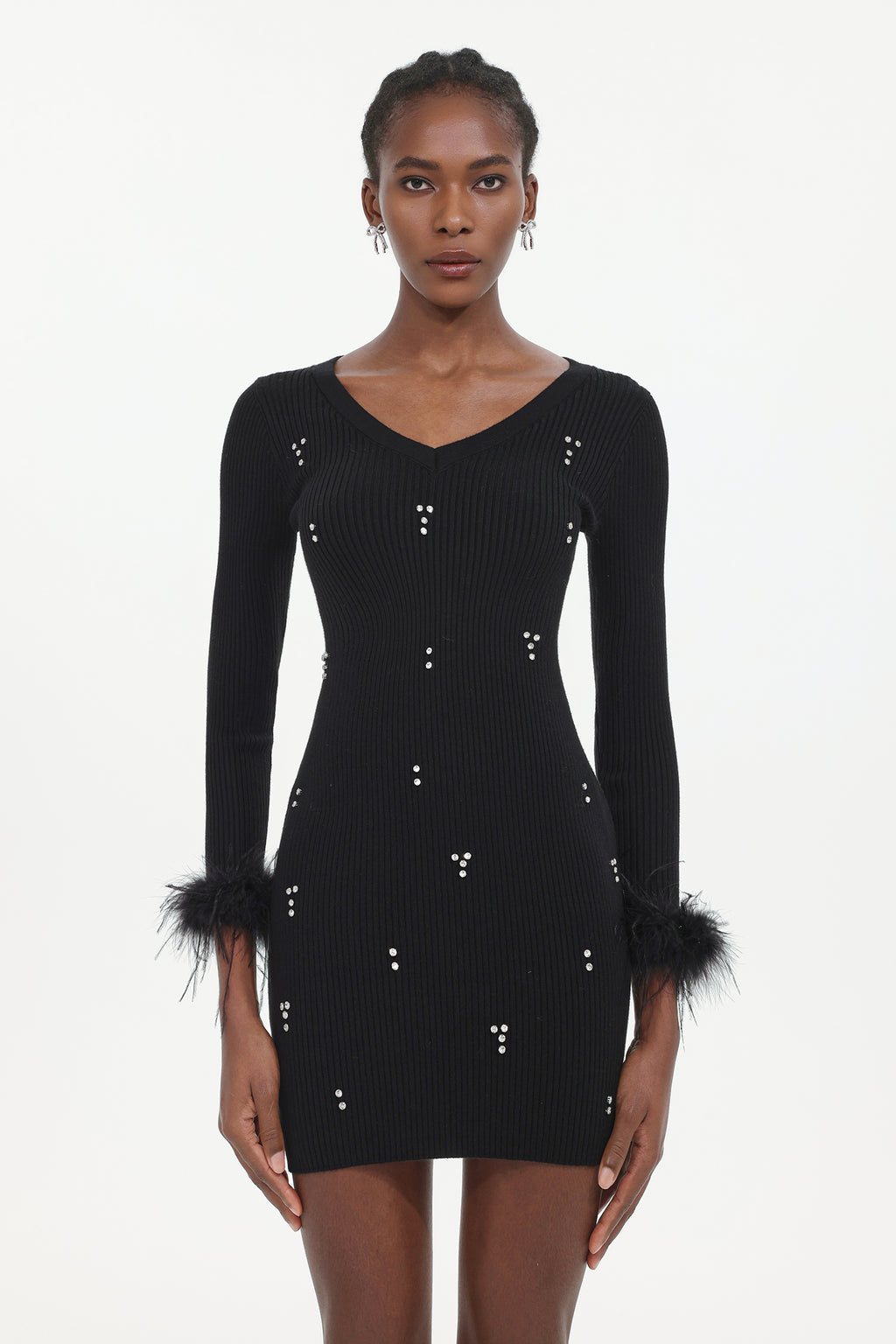 Moua Elegant Contour  Long Sleeve Rhinestone Feather Knit Black Mini Dress	