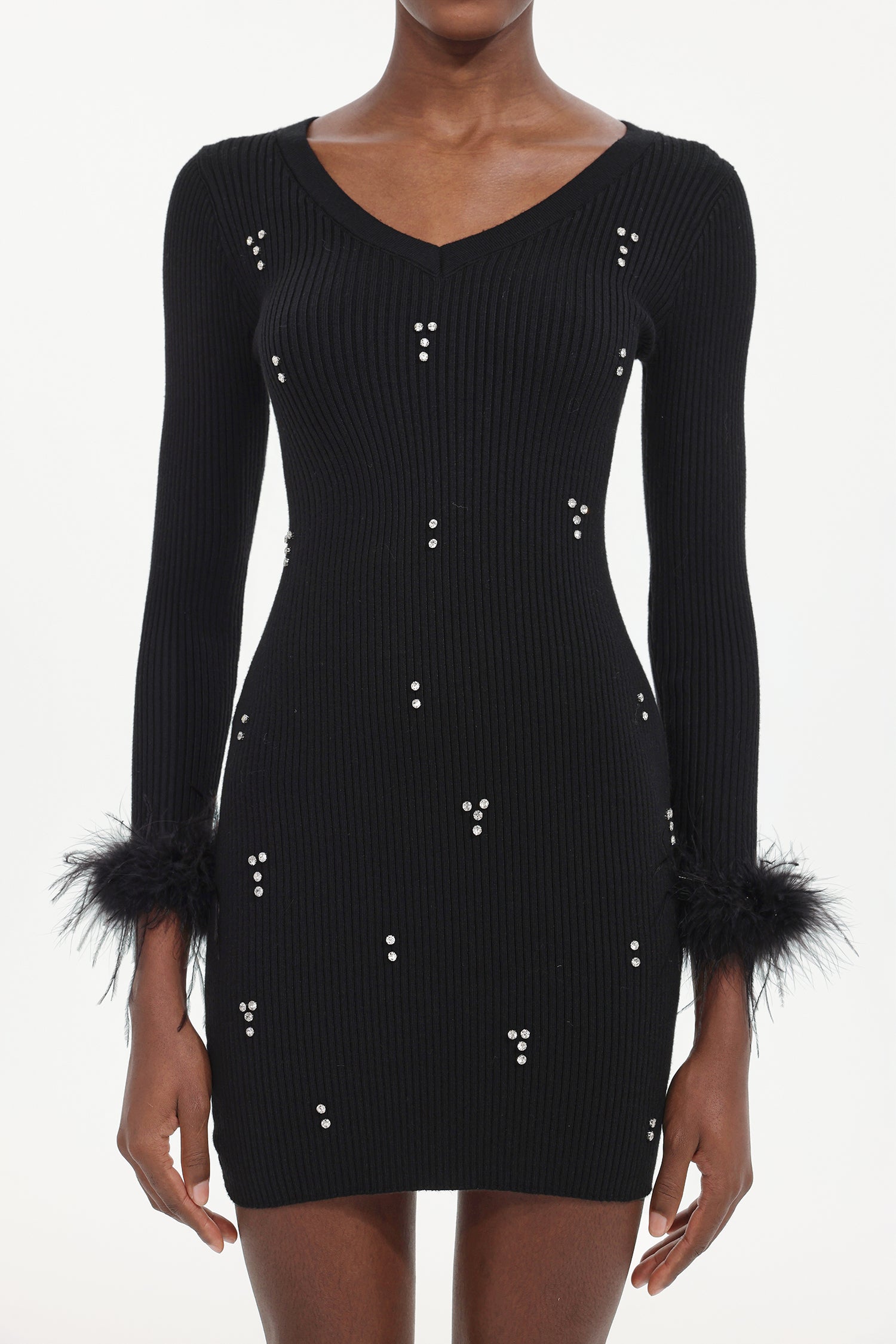 Moua Elegant Contour  Long Sleeve Rhinestone Feather Knit Black Mini Dress	