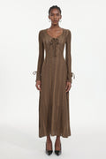 Katya Romantic Contour Long Sleeve Bow Lace Brown Maxi Dress	