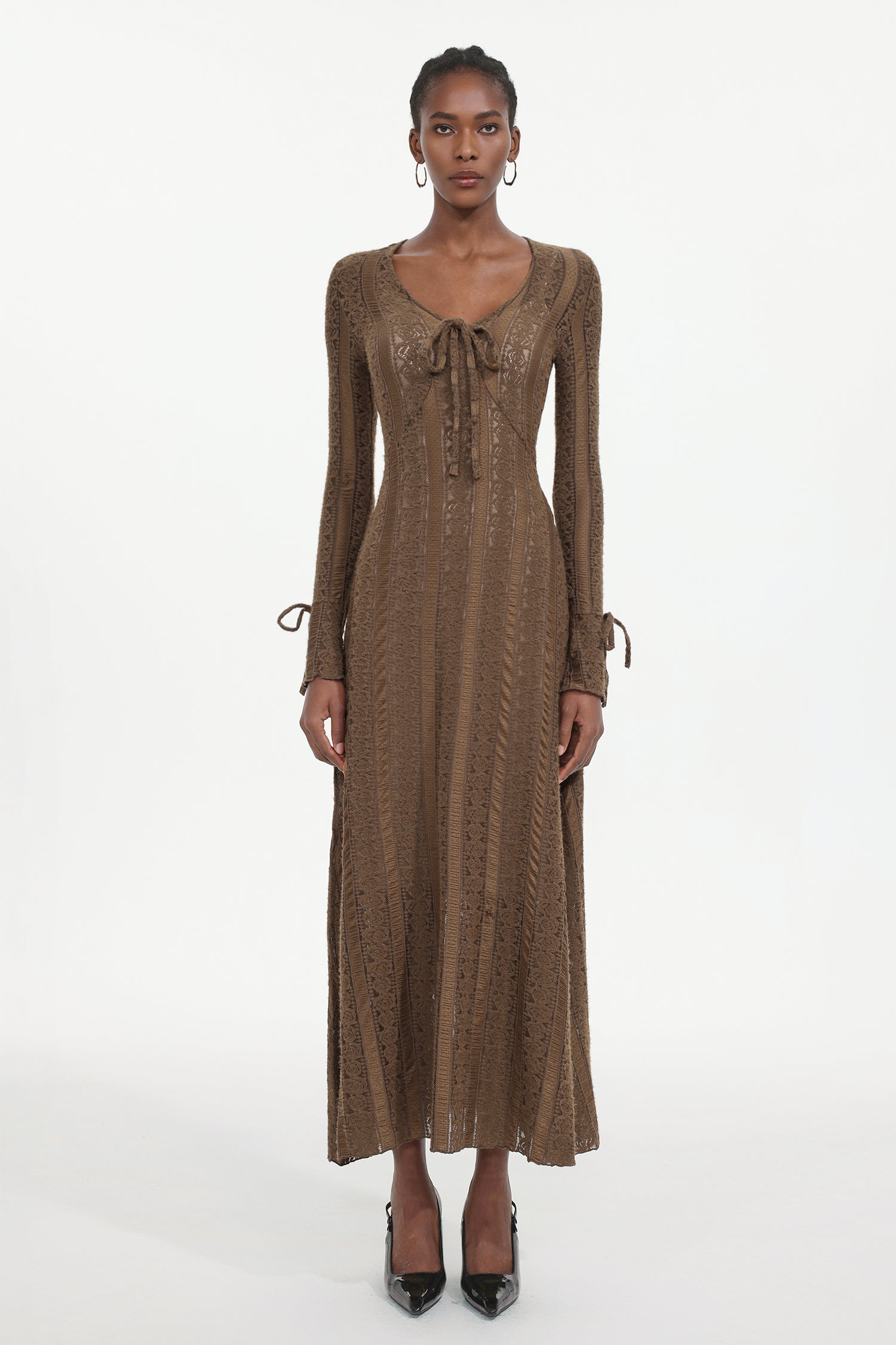 Katya Romantic Contour Long Sleeve Bow Lace Brown Maxi Dress	