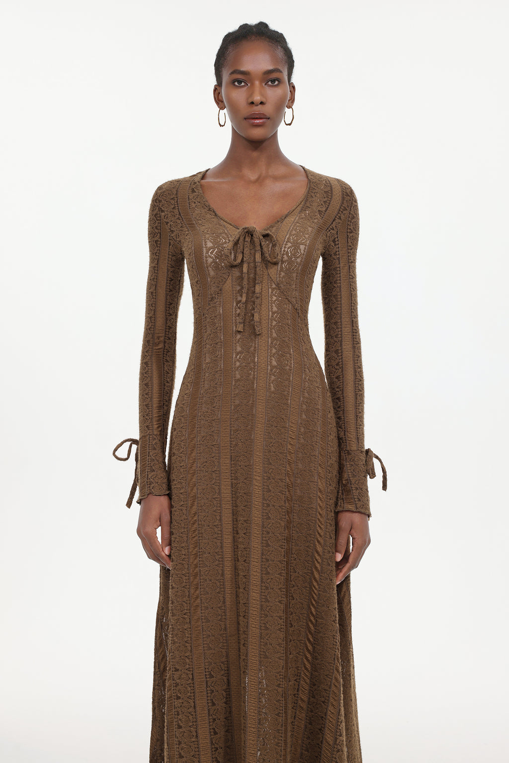 Katya Romantic Contour Long Sleeve Bow Lace Brown Maxi Dress	