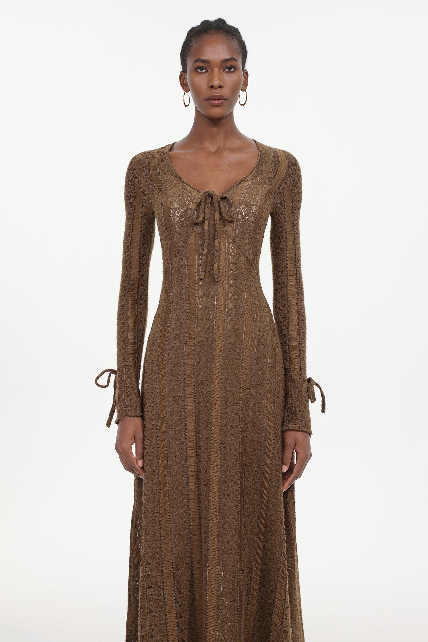 Katya Romantic Contour Long Sleeve Bow Lace Brown Maxi Dress	