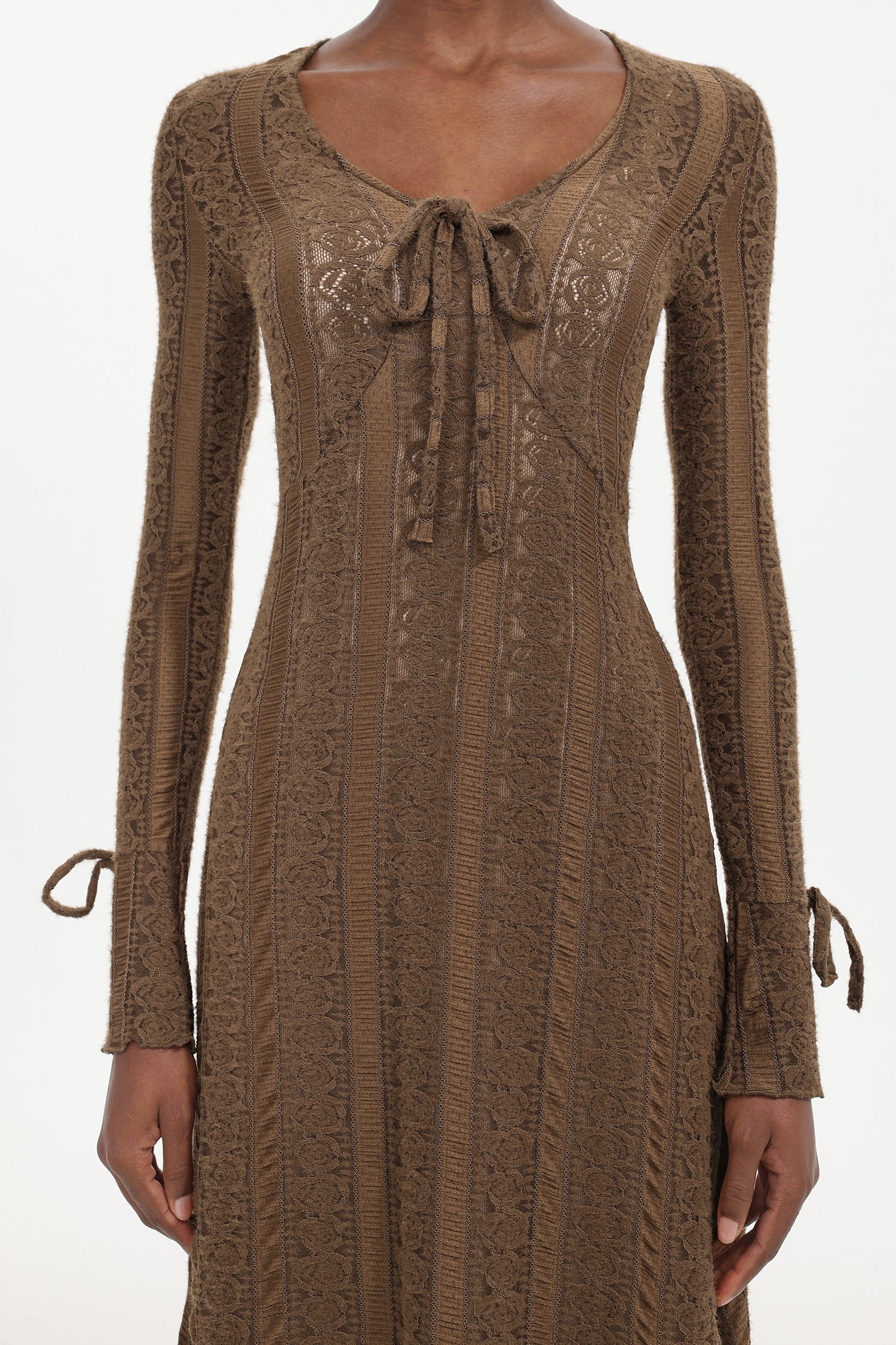 Katya Romantic Contour Long Sleeve Bow Lace Brown Maxi Dress	