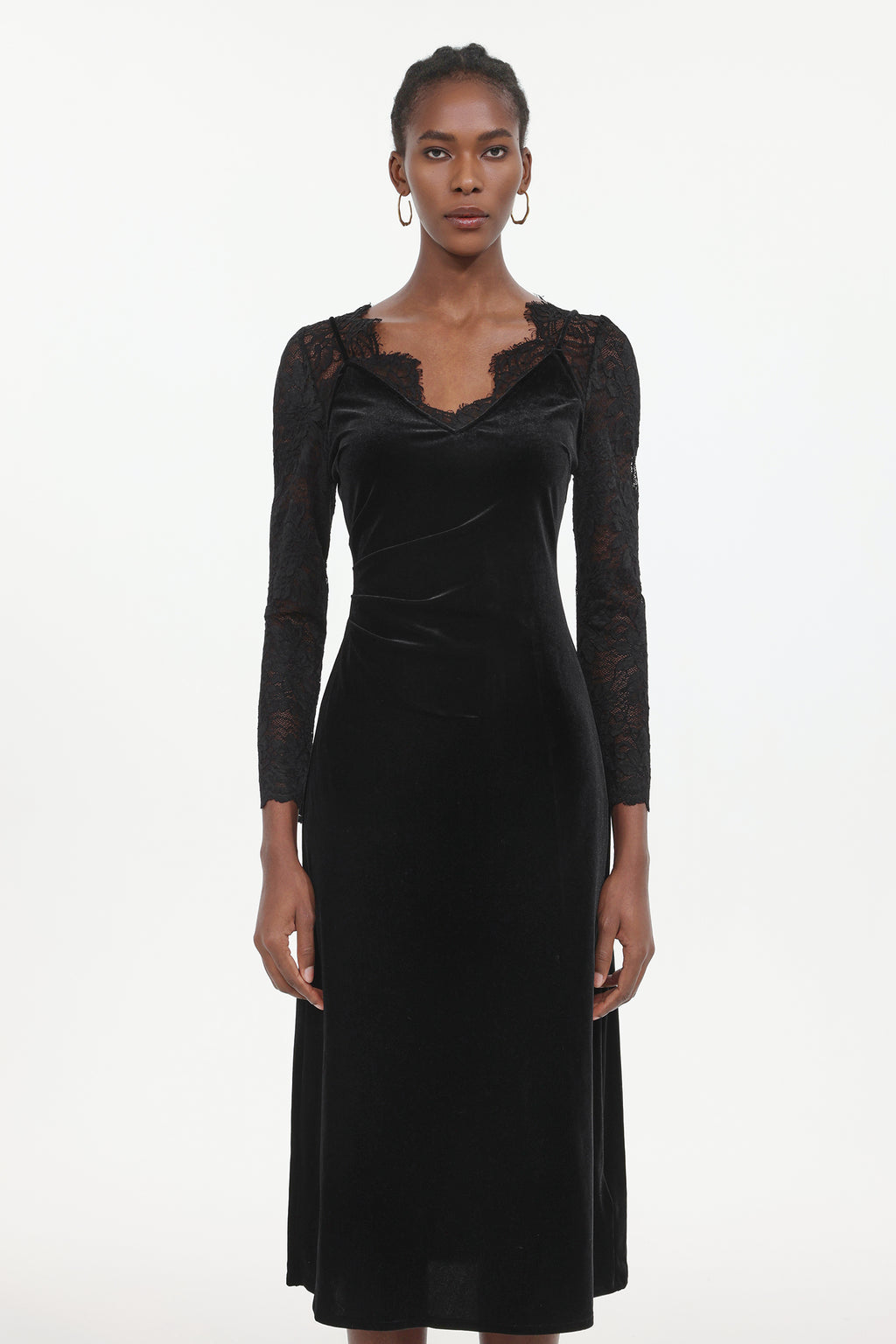 Gianna Elegant Contour Long Sleeve Lace Velvet Maxi Dress	