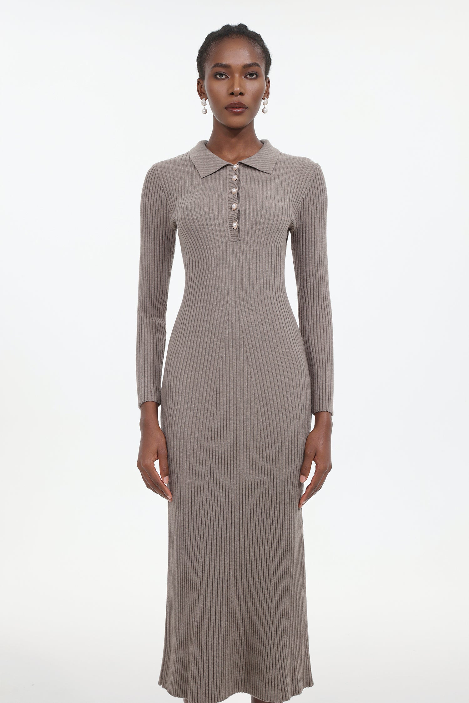 Dinah Elegant Contour Long Sleeve Knit Maxi Dress	