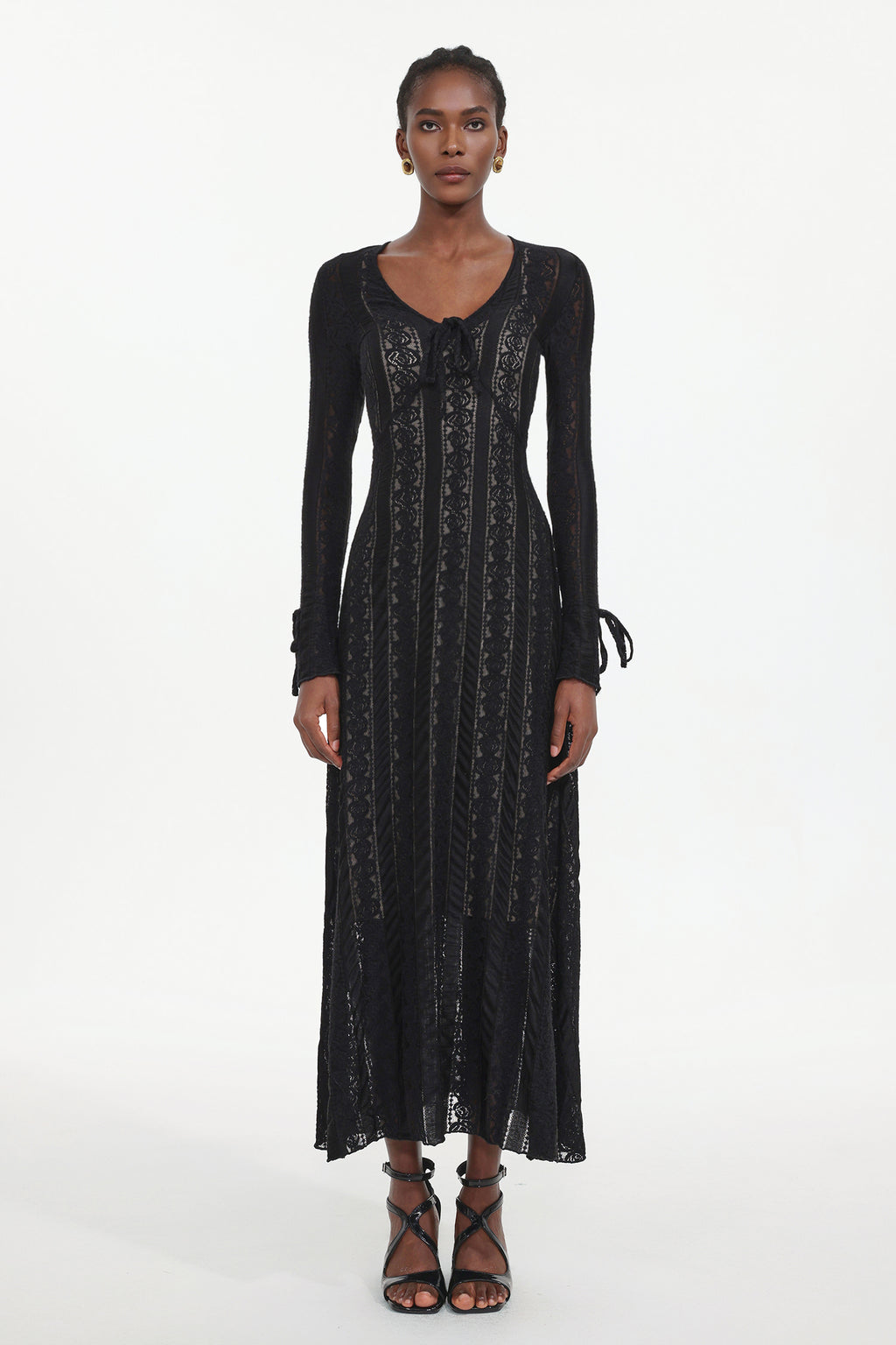 Katya Romantic Contour Long Sleeve Bow Lace Black Maxi Dress	
