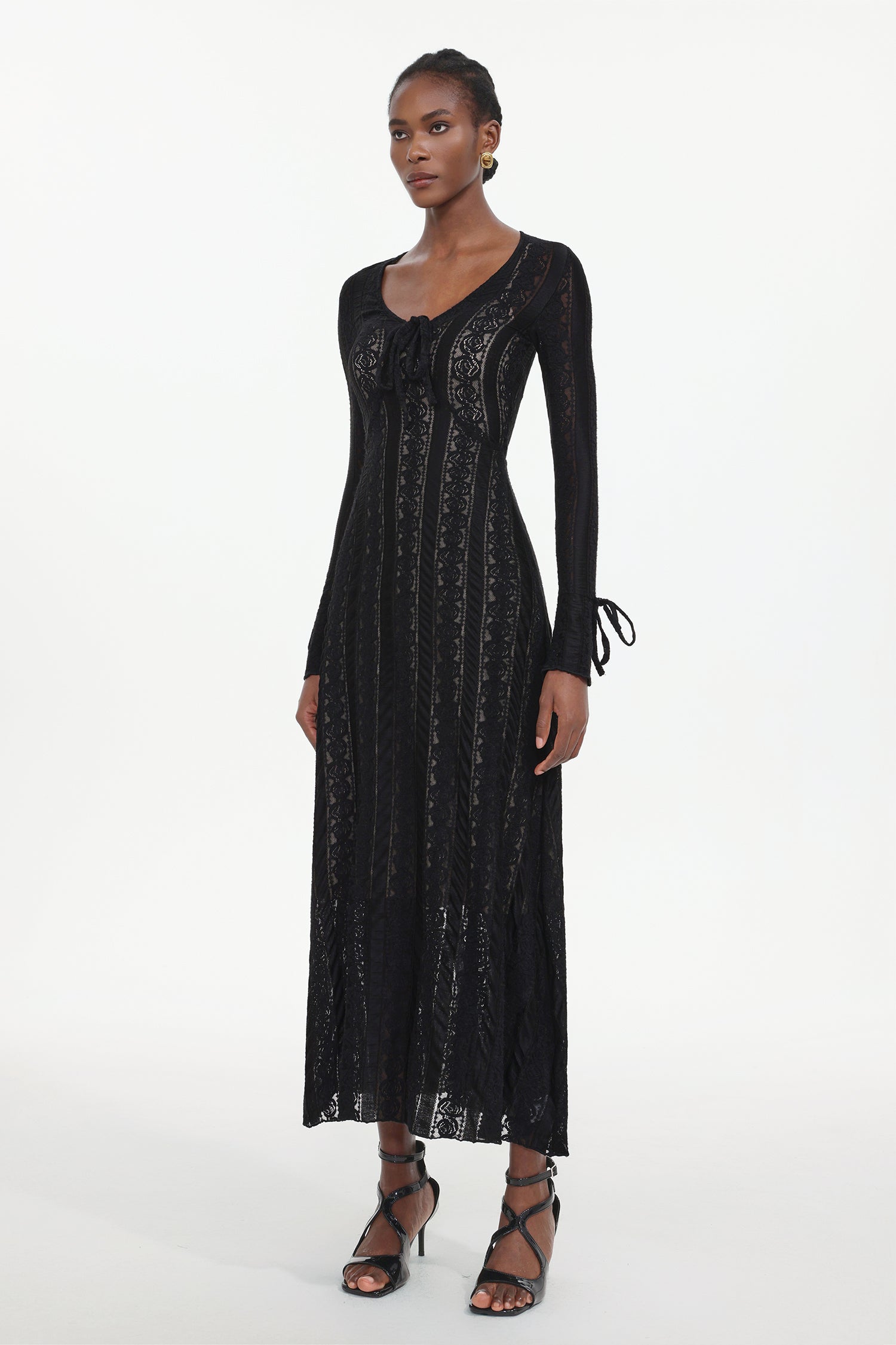 Katya Romantic Contour Long Sleeve Bow Lace Black Maxi Dress	